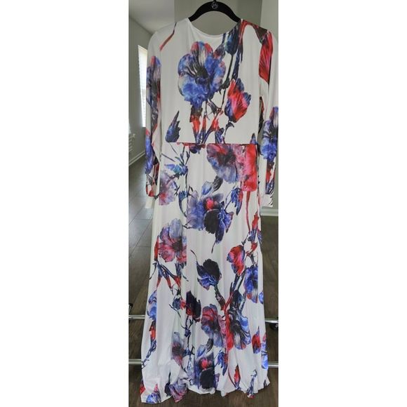 Women's Misguided Long Sleeve V-Neck Floral Print Front Slit Maxi w/ Waist Tie - Picture 1 of 8